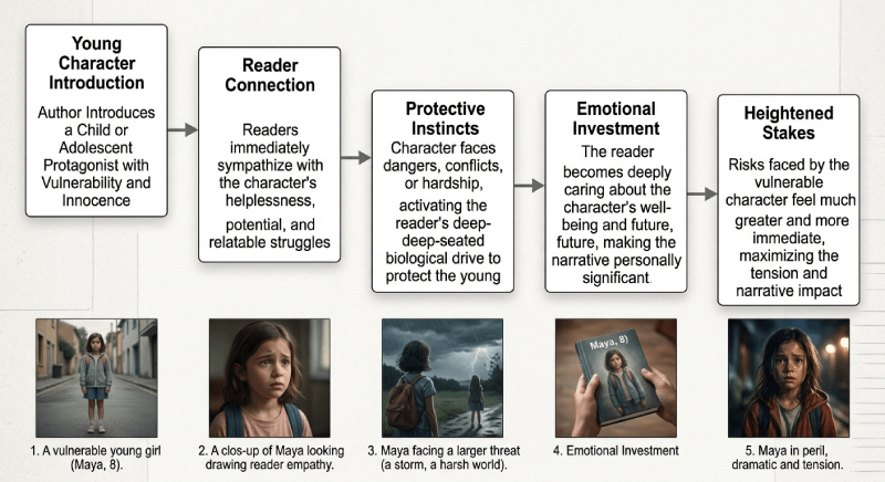 How authors use young characters for emotional impact — innocence, reader connection, protective instincts