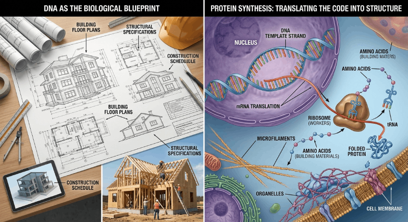 DNA as a biological blueprint — comparing architectural plans to protein synthesis