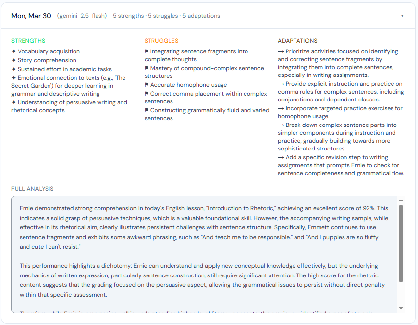Nightly feedback and assessment