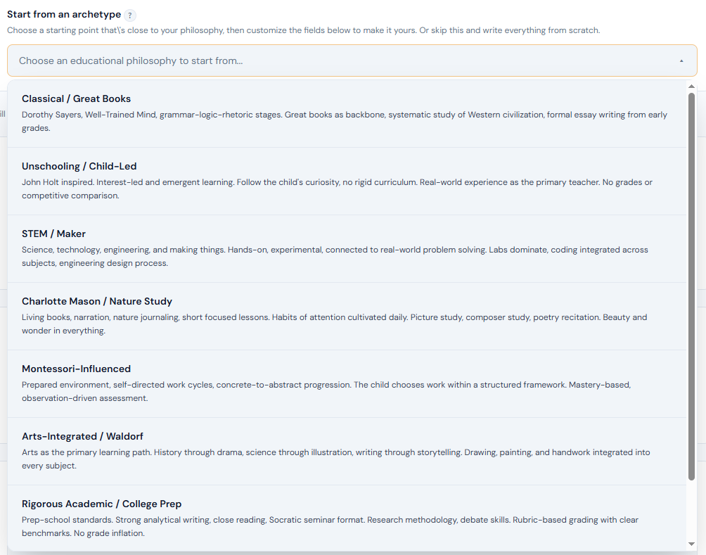 Theme page archetype selector